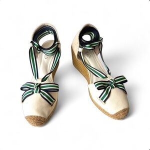 Lauren Ralph Lauren Hollie Espadrille Wedge Cream Canvas Ribbon Tie Sz 9.5 NWOT